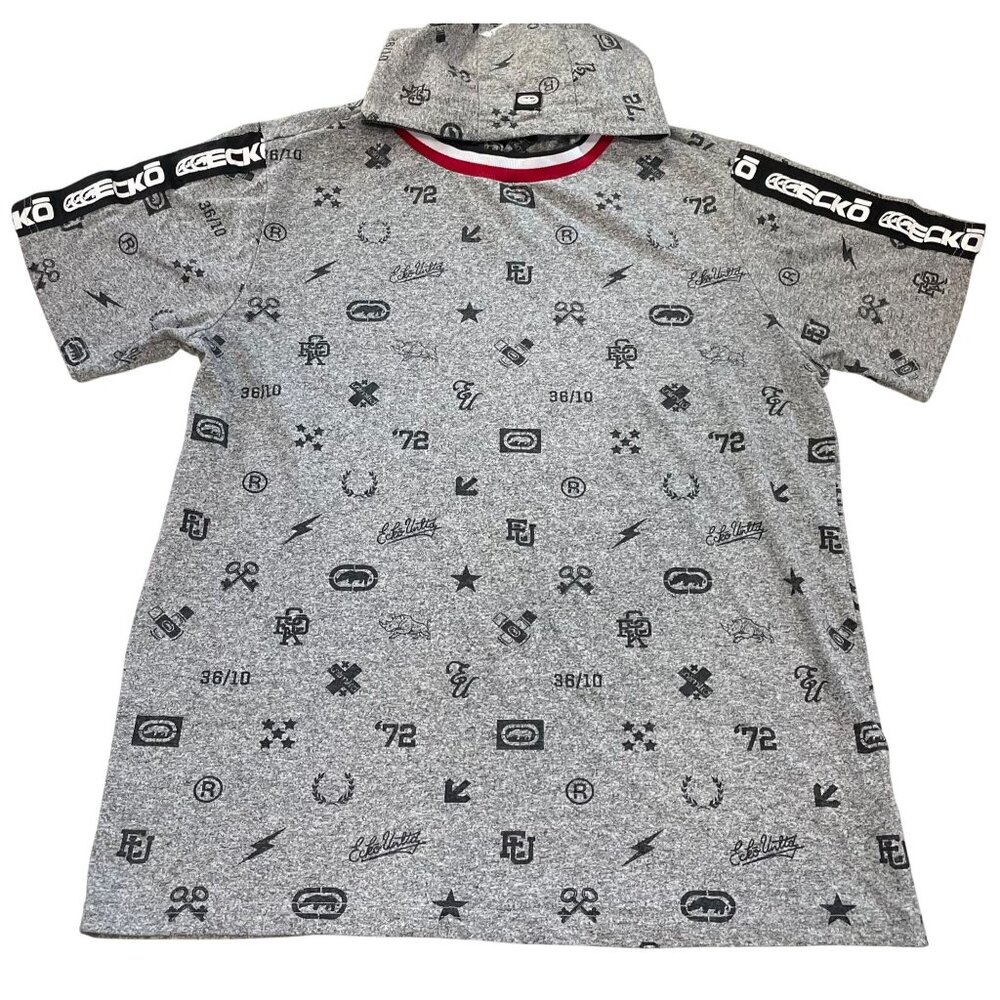 Ecko Unltd Mens Hooded T-Shirt Large Heather Gray Cotton All Over Print Pullover